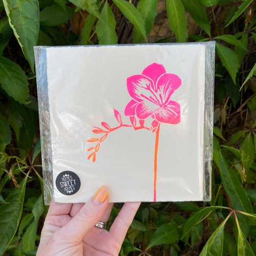 Freesia Flower Original Lino Print NEON OMBRE PINK ORANGE