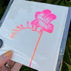 Freesia Flower Original Lino Print NEON OMBRE PINK ORANGE
