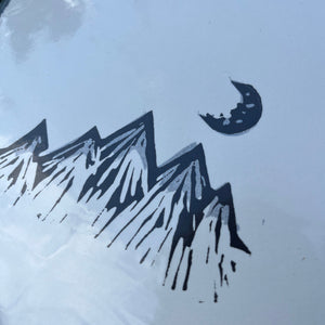 Mountains & Moon Original Lino Print METALLIC SILVER