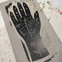 Load image into Gallery viewer, Fate • Palmistry Hand Original Lino Print A3 Black