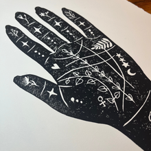 Load image into Gallery viewer, Fate • Palmistry Hand Original Lino Print A3 Black