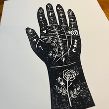 Load image into Gallery viewer, Fate • Palmistry Hand Original Lino Print A3 Black