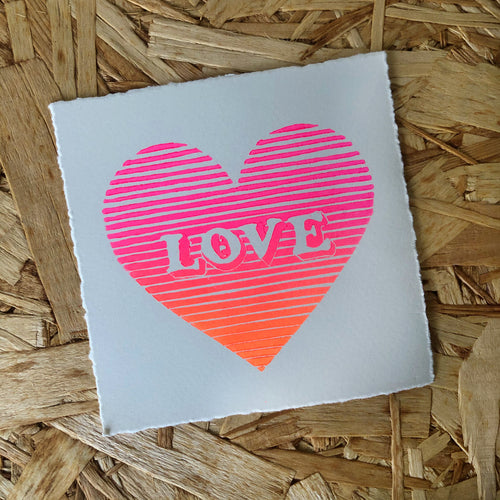 Striped Ombre Love Heart Original Lino Print 11x11cm approx