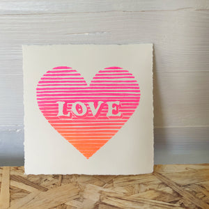 Striped Ombre Love Heart Original Lino Print 11x11cm approx