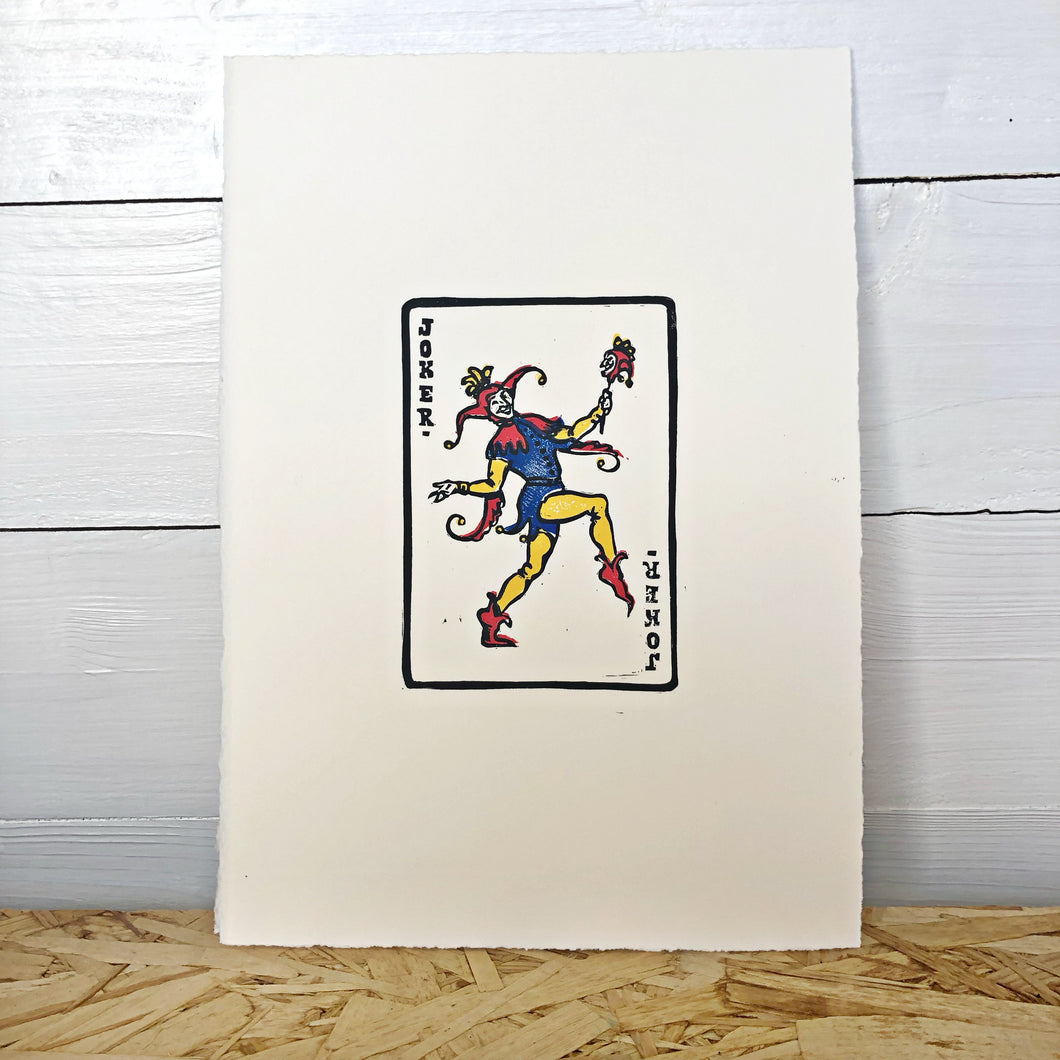 Joker • Playing Card, Jester Original 4 Layer Lino Cut Print A4