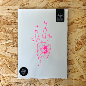 Peace • Peace Sign Original Lino Print A4 NEON PINK