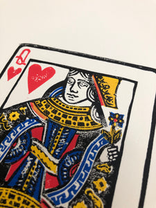 The Queen of Hearts • Playing Card, Original Lino Cut Print A4