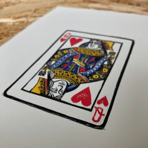 The Queen of Hearts • Playing Card, Original Lino Cut Print A4