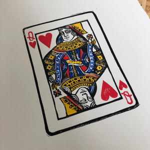 The Queen of Hearts • Playing Card, Original Lino Cut Print A4