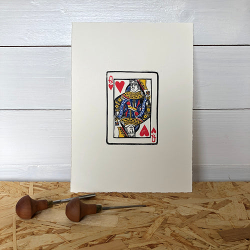 The Queen of Hearts • Playing Card, Original Lino Cut Print A4