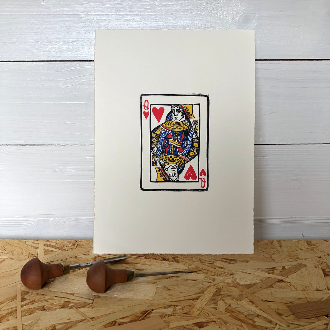 The Queen of Hearts • Playing Card, Original Lino Cut Print A4