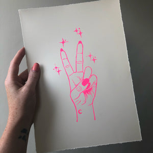 Peace • Peace Sign Original Lino Print A4 NEON PINK