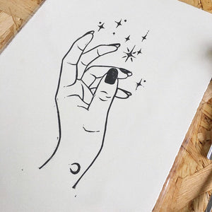 Magic • Hand & Stars Original Lino Print A4 BLACK