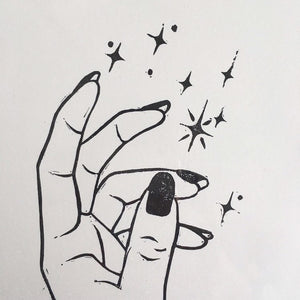 Magic • Hand & Stars Original Lino Print A4 BLACK