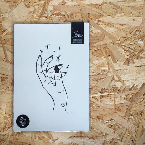 Magic • Hand & Stars Original Lino Print A4 BLACK