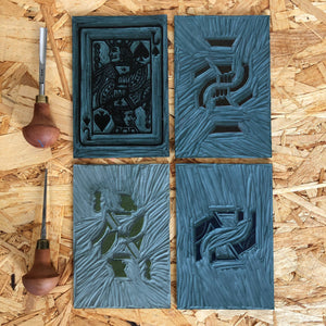 Jack • Playing Card, Jack of Spades Original 4 Layer Lino Cut Print A4 PASTEL PINK