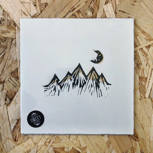 Mountains & Moon Original Lino Print METALLIC GOLD or SILVER