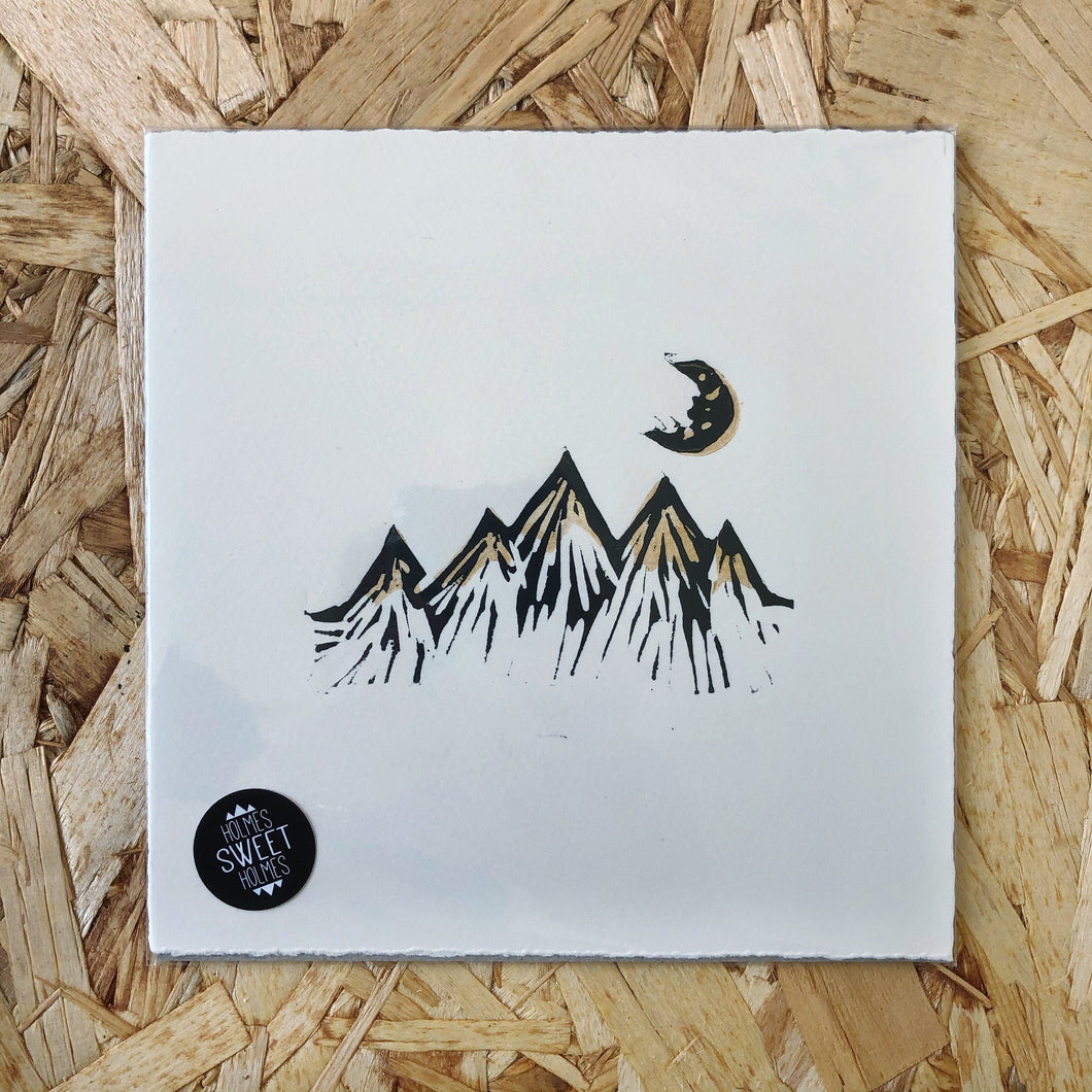 Mountains & Moon Original Lino Print METALLIC GOLD or SILVER